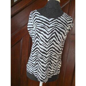 Tahari Zebra Print Linen Cap Sleeve Button Back Top Womens M